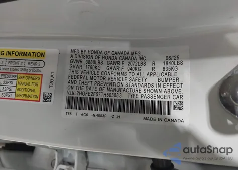 2026 Honda Civic Sport z USA, uszkodzony, nr VIN 2HGFE2F57TH503083